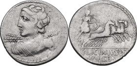 C. Licinius L. f. Macer. Denarius, 84 BC. Obv. Diademed and draped bust of Vejovis left turned from spectator, hurling thunderbolt. Rev. Minerva in qu...