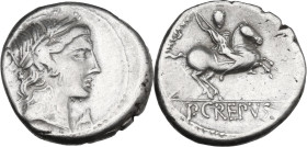 Pub. Crepusius. Denarius, 82 BC. Obv. Laureate head of Apollo right. Rev. Horseman galloping right; in exergue, P·CREPVSI. Cr. 361/1c; B. (Crepusia) 1...