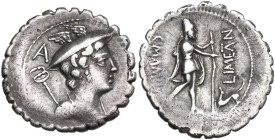C. Mamilius Limetanus. Denarius serratus, 82 BC. Obv. Draped bust of Mercury right, wearing winged petasus, caduceus over left shoulder; behind, A. Re...