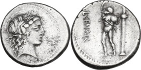 L. Marcius Censorinus. Denarius, 82 BC. Obv. Laureate head of Apollo right. Rev. The satyr Marsyas standing left, with right arm raised and holding wi...