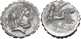 Q. Antonius Balbus. Denarius serratus, 83-82 BC. Obv. Laureate head of Jupiter right; behind, S·C. Rev. Victory in quadriga right; below, control-mark...