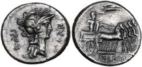 L. Manlius Torquatus. Denarius, mint moving with Sulla, 82 BC. Obv. L·MANLI PRO Q. Helmeted head of Roma right. Rev. Triumphator in quadriga right, cr...