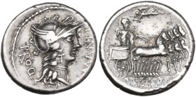 L. Manlius Torquatus. Denarius, mint moving with Sulla, 82 BC. Obv. L·MANLI PRO Q. Helmeted head of Roma right. Rev. Triumphator in quadriga right, cr...