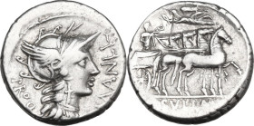 L. Manlius Torquatus. Denarius, mint moving with Sulla, 82 BC. Obv. L·MANLI PRO Q. Helmeted head of Roma right. Rev. Triumphator in quadriga right, cr...