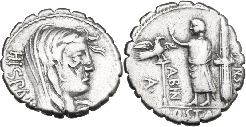A. Postumius Albinus. Denarius serratus, 81 BC. Obv. HISPAN.Veiled head of Hispa...
