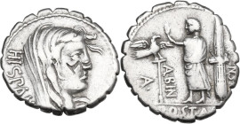 A. Postumius Albinus. Denarius serratus, 81 BC. Obv. HISPAN.Veiled head of Hispania right, with dishevelled hair. Rev. A·POST·A·F·S·N·ALBIN (AL ligate...