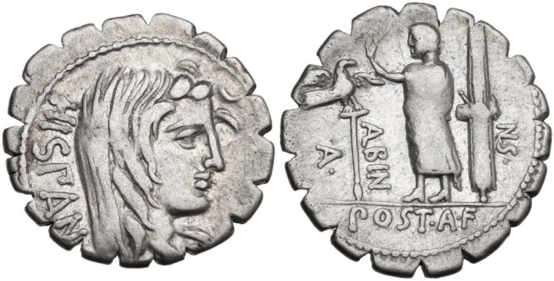 A. Postumius Albinus. Denarius serratus, 81 BC. Obv. HISPAN.Veiled head of Hispa...