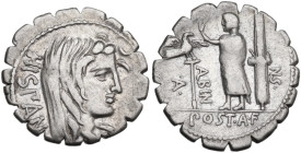 A. Postumius Albinus. Denarius serratus, 81 BC. Obv. HISPAN.Veiled head of Hispania right, with dishevelled hair. Rev. A·POST·A·F·S·N·ALBIN (AL ligate...
