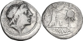 Anonymous. Quinarius, uncertain mint, 81 BC. Obv. Laureate head of Apollo right. Rev. Victory standing right, crowning trophy; between, B; in exergue,...