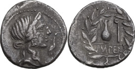 Q. Caecilius Metellus Pius. Denarius, North Italy, 81 BC. Obv. Diademed head of Pietas right; before, stork. Rev. Jug and lituus; in exergue, IMPER; a...
