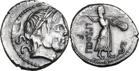 L. Procilius. Denarius, 80 BC. Obv. Laureate head of Jupiter right; behind, S·C. Rev. Juno Sospita standing right, holding shield and hurling spear; a...