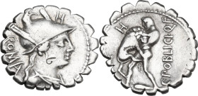 C. Poblicius Q. f. Denarius serratus, 80 BC. Obv. Draped bust of Roma right; two feathers on helmet; behind, ROMA; above, H. Rev. Hercules left, stran...
