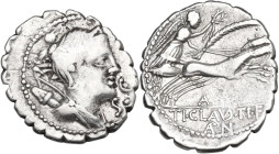 Ti. Claudius Ti. f. Ap. n. Nero. AR Denarius serratus, 79 BC. Obv. Draped bust of Diana right, bow and quiver on shoulder; before chin, SC. Rev. Victo...