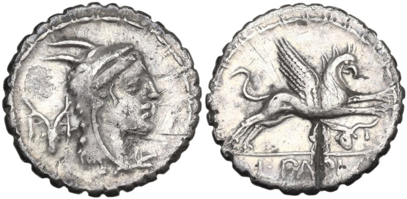 L. Papius. Fourreé (?) Denarius serratus, 79 BC. Obv. Head of Juno Sospita right...