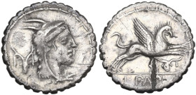 L. Papius. Fourreé (?) Denarius serratus, 79 BC. Obv. Head of Juno Sospita right, wearing goat's skin; behind, garlanded skull of stag. Bead and reel ...
