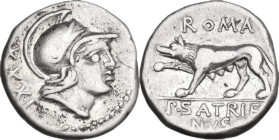 P. Satrienus. Denarius, 77 BC. Obv. Helmeted head of Roma right; behind, XXXI. Rev. She-wolf left, right forepaw raised; above, ROMA; in exergue, P·SA...