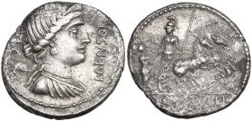 L. Farsuleius Mensor. Denarius, 75 BC. Obv. Diademed and draped bust of Libertas right; behind, pileus and S·C; before, MENSOR. Bead and reel border. ...
