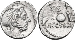 Cn. Lentulus. Denarius, uncertain mint, perhaps Spain, 76-75 BC. Obv. Draped male bust of Genius Populi Romani right, hair tied with band and sceptre ...