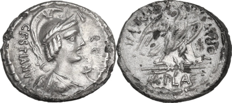 M. Plaetorius M. f. Cestianus. Denarius, 67 BC. Obv. Draped bust right with attr...