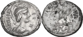 M. Plaetorius M. f. Cestianus. Denarius, 67 BC. Obv. Draped bust right with attributes of Isis, Minerva, Apollo, Diana and Victory; before, cornucopia...