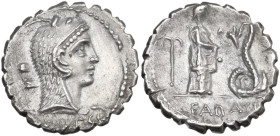 L. Roscius Fabatus. Denarius serratus, 64 BC. Obv. Head of Juno Sospita right, wearing goat's skin; behind, prow; below, L·ROSCI. Rev. Girl standing r...