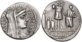 L. Aemilius Lepidus Paullus. Denarius, 62 BC. Obv. PAVLLVS·LEPIDVS-CONCORDIA. Diademed and veiled bust of Concordia right. Rev. Trophy; on right, toga...