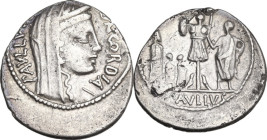 L. Aemilius Lepidus Paullus. Denarius, 62 BC. Obv. PAVLLVS·LEPIDVS-CONCORDIA. Diademed and veiled bust of Concordia right. Rev. Trophy; on right, toga...