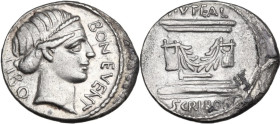 L. Scribonius Libo. Denarius, 62 BC. Obv. LIBO BON·EVENT. Diademed head of Bonus Eventus right. Rev. Puteal Scribonianum decorated with garland and tw...