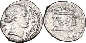 L. Scribonius Libo. Denarius, Rome mint, 62 BC. Obv. Diademed head of Bonus Eventus right; on the left, LIBO; on the right, BON·EVENT. Rev. Puteal Scr...