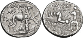 M. Aemilius Scaurus with Pub. Plautius Hypsaeus. Denarius, 58 BC. Obv. Camel right; before, King Aretas kneeling right, holding reins in left hand and...