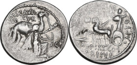 M. Aemilius Scaurus and P. Plautius Hypsaeus. Denarius, Rome mint, 58 BC. Obv. Camel right; before, King Aretas kneeling right, holding reins in left ...