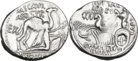 M. Aemilius Scaurus and P. Plautius Hypsaeus. Denarius, Rome mint, 58 BC. Obv. Camel right; before, King Aretas kneeling right, holding reins in left ...