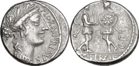C. Servilius C.f. Denarius, 57 BC. Obv. Wreathed head of Flora right; behind, lituus; before, FLORAL·PRIMVS (MV ligate). Rev. Two soldiers facing each...