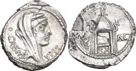 Q. Cassius Longinus. Denarius, 55 BC. Obv. Veiled head of Vesta right; before, VEST[A]; behind, Q·CASSIVS. Rev. Temple of Vesta, within curule chair; ...