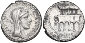 Titus Didius. AR Denarius, 55 BC. Obv. P. FONTEIVS CAPITO III VIR CONCORDIA. Diademed and veiled head of Concordia right. Rev. A view of the Villa Pub...