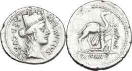 A. Plautius. Denarius, Rome mint, 55 BC. Obv. Turreted head of Cybele right; on the left, AED·CVR·S·C; on the right, A·PLAVTIVS. Rev. Camel r., with k...