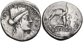 A. Plautius. Denarius, 55 BC. Obv. Turreted head of Cybele right; before, A·PLAVTIVS; behind, AED·CVR·S·C. Rev. Male figure kneeling right and extendi...