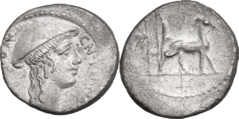 Cn. Plancius. AR Denarius, 55 BC. Obv. Head of Diana Planciana right, wearing ca...