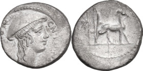 Cn. Plancius. AR Denarius, 55 BC. Obv. Head of Diana Planciana right, wearing causia. Rev. Cretan goat right; behind, bow and quiver. Cr. 432/1; B. (P...