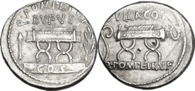 Q. Pompeius Rufus. Denarius, 54 BC. Obv. Curule chair; on left, arrow; on right, laurel-branch; above, Q·POMPEI·Q·F / RVFVS; below, COS on tablet. Rev...