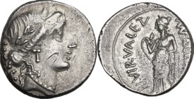 Mn. Acilius Glabrio. Denarius, 49 BC. Obv. Laureate head of Salus right; behind, SALVTIS upwards. Rev. Valetudo standing left, resting left arm on col...