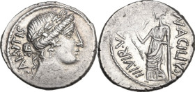 Mn. Acilius Glabrio. Denarius, 49 BC. Obv. Laureate head of Salus right; behind, SALVTIS upwards. Rev. Valetudo standing left, resting left arm on col...