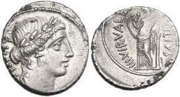 Mn. Acilius Glabrio. Denarius, 49 BC. Obv. Laureate head of Salus right; behind, SALVTIS downwards. Rev. Valetudo standing left, resting left arm on c...