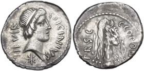 Q. Sicinius with C. Coponius. Denarius, mint moving with Pompey, 49 BC. Obv. Head of Apollo right, hair tied with band; behind, III·VIR; before, Q·SIC...
