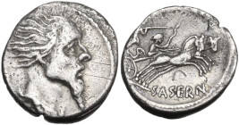 L. Hostilius Saserna. Denarius, 48 BC. Obv. Bearded bust of Gallic enemy with flowing hair ('Vercingetorix'). Rev. Naked Gallic warrior, holding shiel...