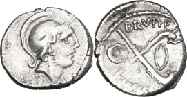 D. Iunius Brutus Albinus. Denarius, Rome mint, 48 BC. Obv. Helmeted head of Mars right. Rev. Two crossed carnyces; above, oval shield; on the left, BR...