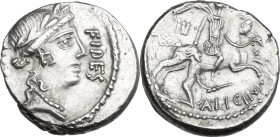 A. Licinius Nerva. Denarius, Rome mint, 47 BC. Obv. Laureate head of Fides right; on the left, NERVA; on the right, FIDES. Rev. Horseman galloping rig...