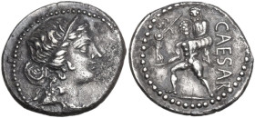 Julius Caesar. Denarius, Africa, 47-46 BC. Obv. Head of Venus right, wearing diadem. Rev. Aeneas left, carrying palladium in right hand and Anchises o...