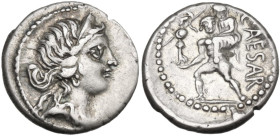 Julius Caesar. Denarius, Africa, 47-46 BC. Obv. Head of Venus right, wearing diadem. Rev. Aeneas left, carrying palladium in right hand and Anchises o...