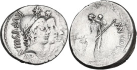 Mn. Cordius Rufus. Denarius, Rome mint, 46 BC. Obv. Jugate heads of the Dioscuri right, each wearing laureate pileus surmounted by star; around, RVFVS...